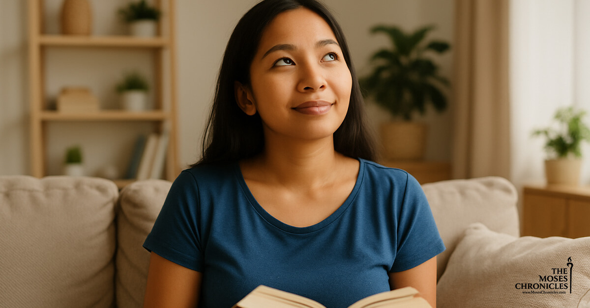 Filipino woman sitting on couch reading a book