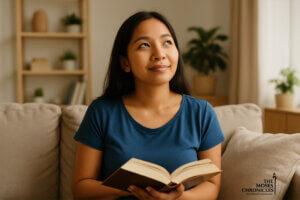Filipino woman sitting on couch reading a book