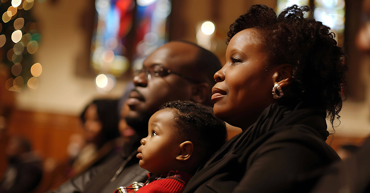 family sitting in church service